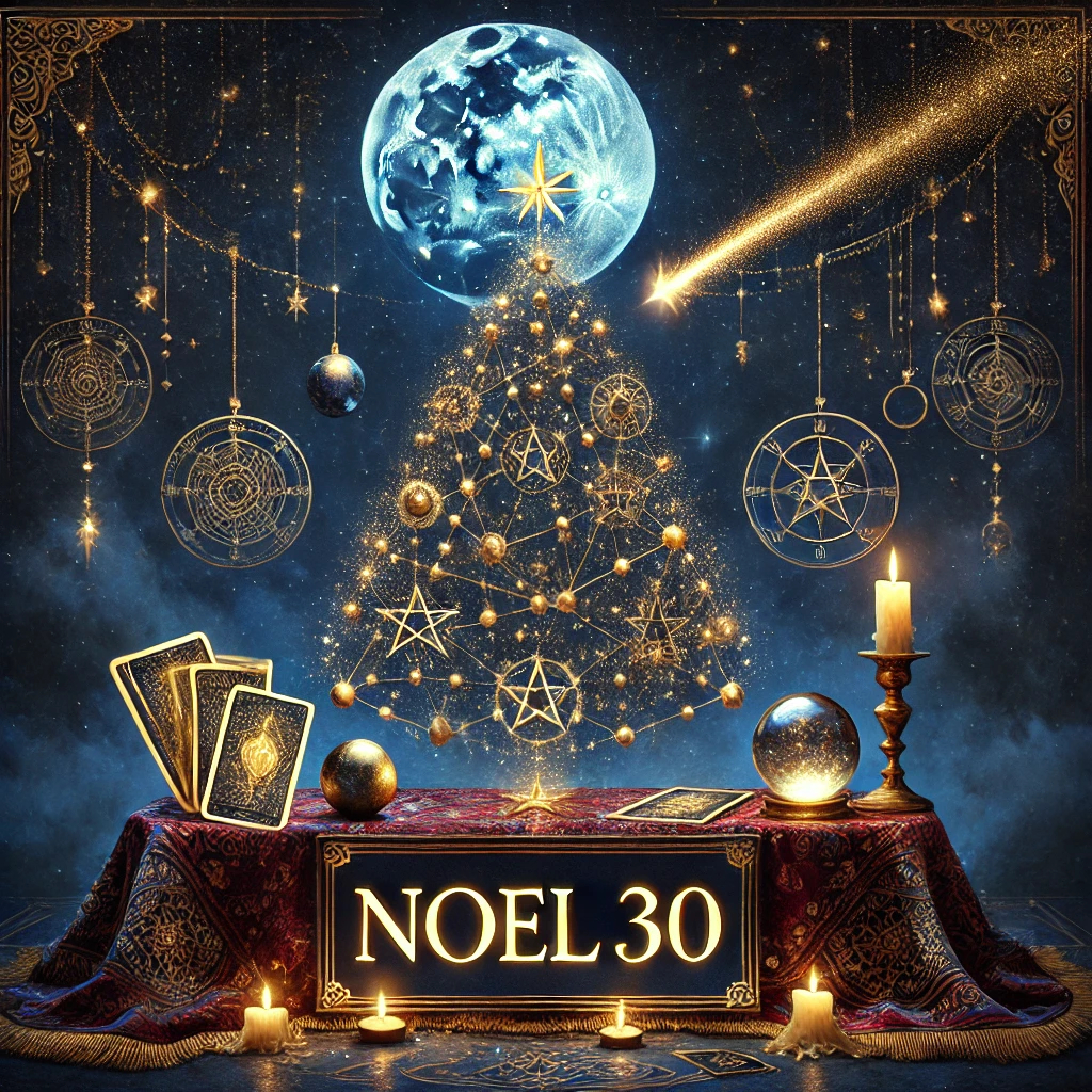 Illustration mystique de Noël avec une lune brillante, des étoiles scintillantes, un sapin orné de guirlandes en forme de constellations, des cartes de tarot et une boule de cristal, représentant une promotion de voyance pendant les fêtes.