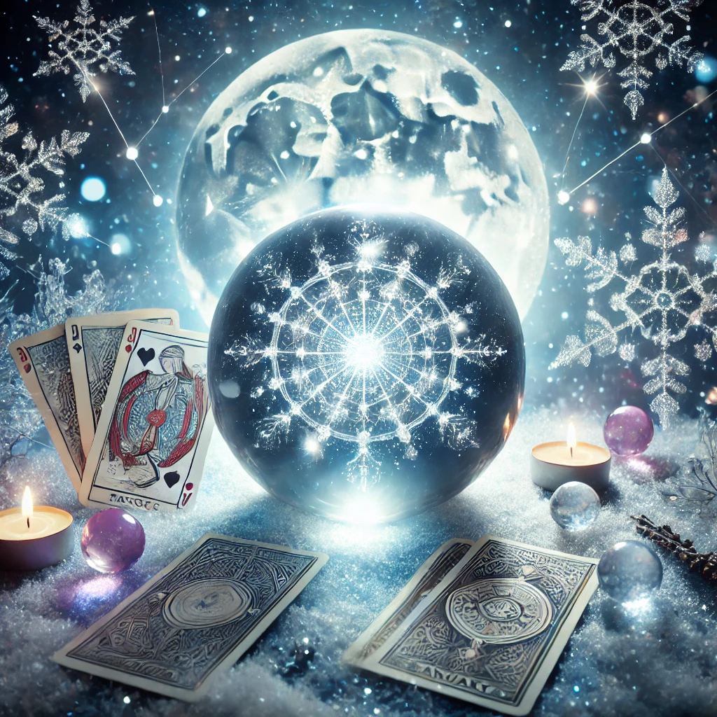 "Scène mystique de nouvelle année avec boule de cristal lumineuse, cartes de tarot, bougies allumées et cristaux sous une pleine lune.