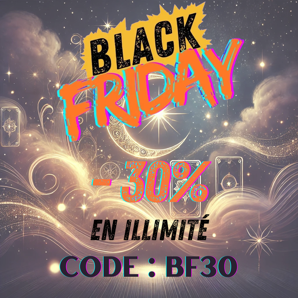 Promotion Black Friday dans le domaine de la voyance avec une réduction de 30 %. Illustration mystique avec une lune brillante, des étoiles et des cartes de tarot. Code promo BF30 valable jusqu’au 01/12/2024 pour consultations en voyance.